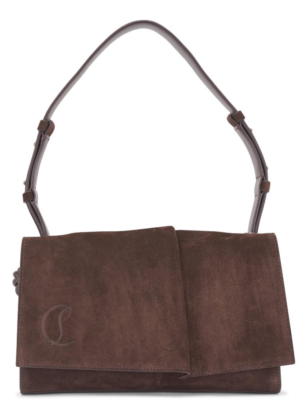 Christian Louboutin BAGGY Suede Foldover Shoulder Bag Small Cosme Brown